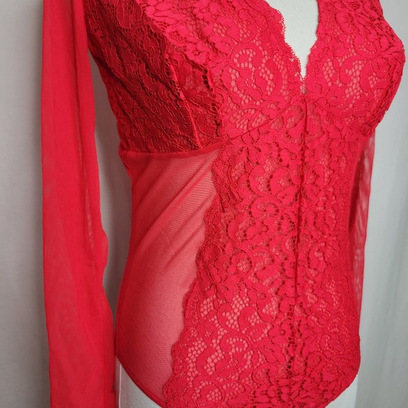 INC International Concepts Not So Basic LS Lace Mesh Bodysuit Red NWT $50 Large - Picture 8 of 12